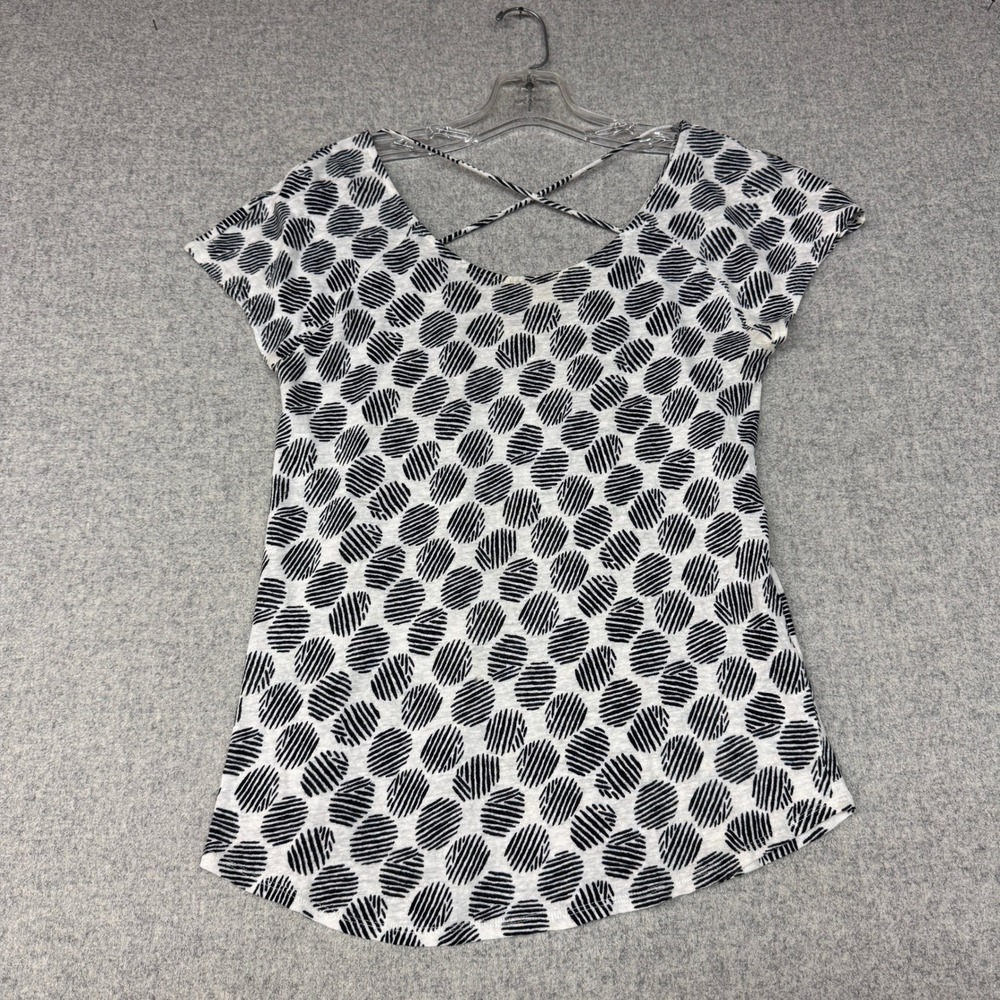 Lucky Brand Short Sleeve Top Size M Black White Geometric Strappy Back Shirt